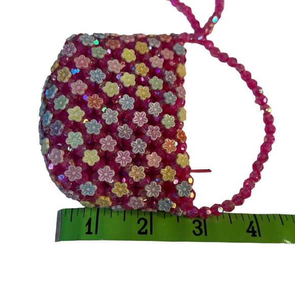 Vintage Tiny Pink Beaded Colorful Floral Purse With Long Strap Girls & Women - Picture 7 of 9